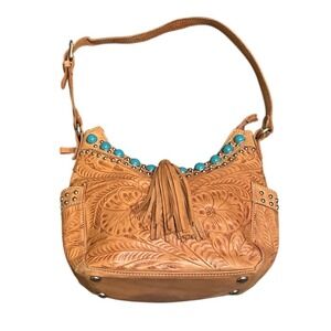 American West Hand Tooled Leather Shoulder Bag Turquoise Boho Western Cowgirl